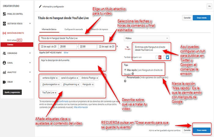 Como se muestra en la imagen, ahora es el momento de hacer clic en el botón "Hangouts Google+ Live".