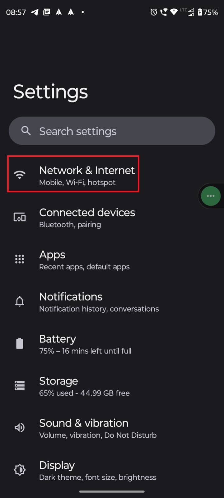 abra Configuración y toque Red e Internet.  Cómo leer mensajes de Telegram sin ser visto