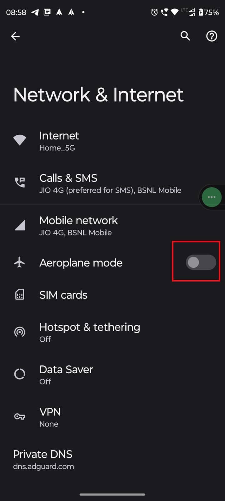 Habilite la barra de alternar al lado del modo Avión y enciéndalo