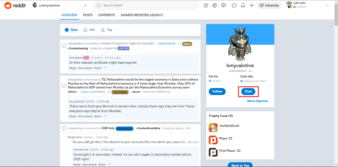 Haga clic en el botón Chat en la página de perfil del destinatario.