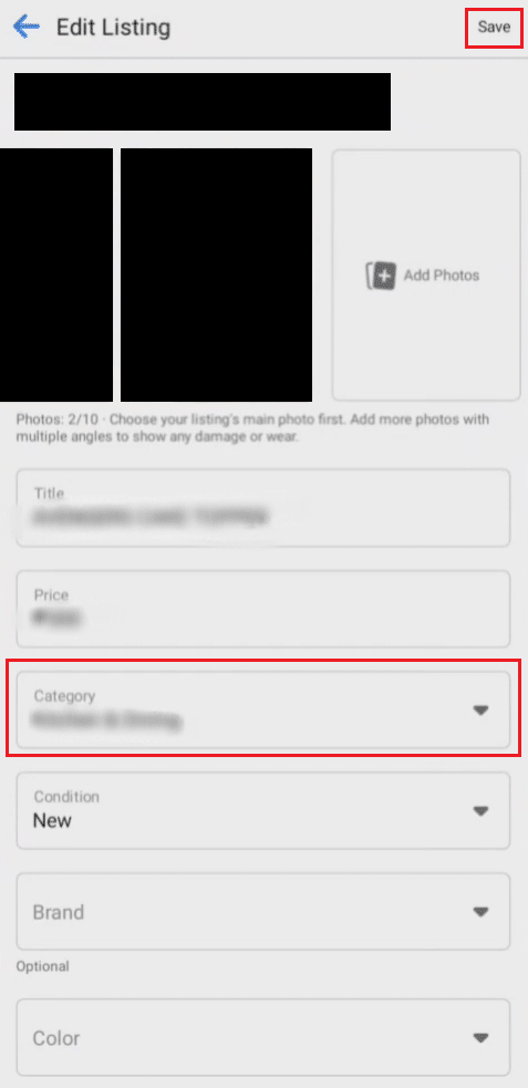 Seleccione la categoría deseada del campo Categoría para cambiarla y toque Guardar