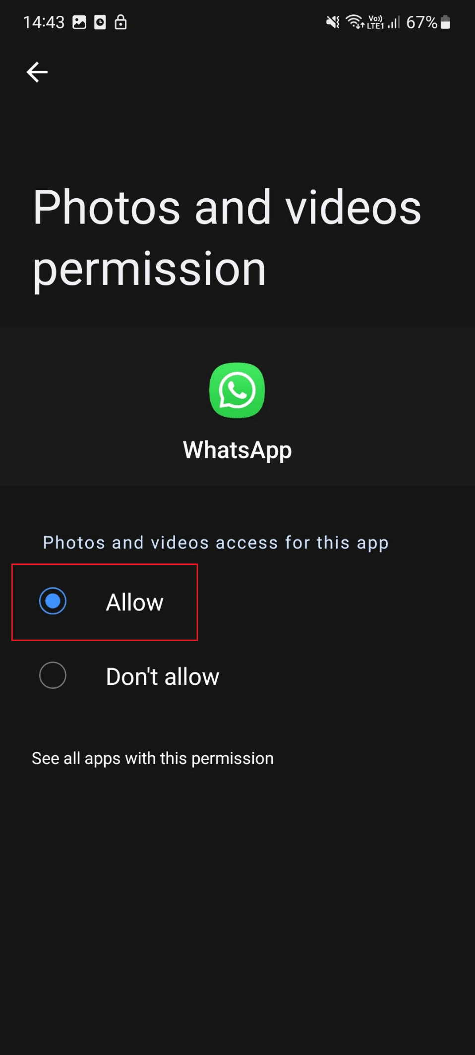 permitir el permiso de fotos y videos.  Arreglar imágenes y medios de WhatsApp que no se descargan