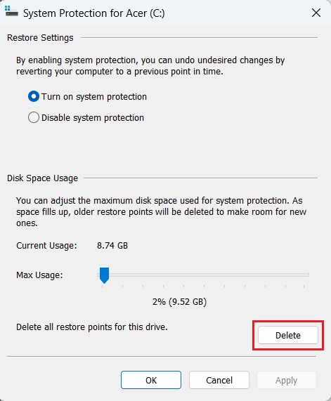 haga clic en la opción Eliminar presente junto a Eliminar todos los puntos de restauración para esta unidad | Cómo eliminar el punto de restauración en Windows 11