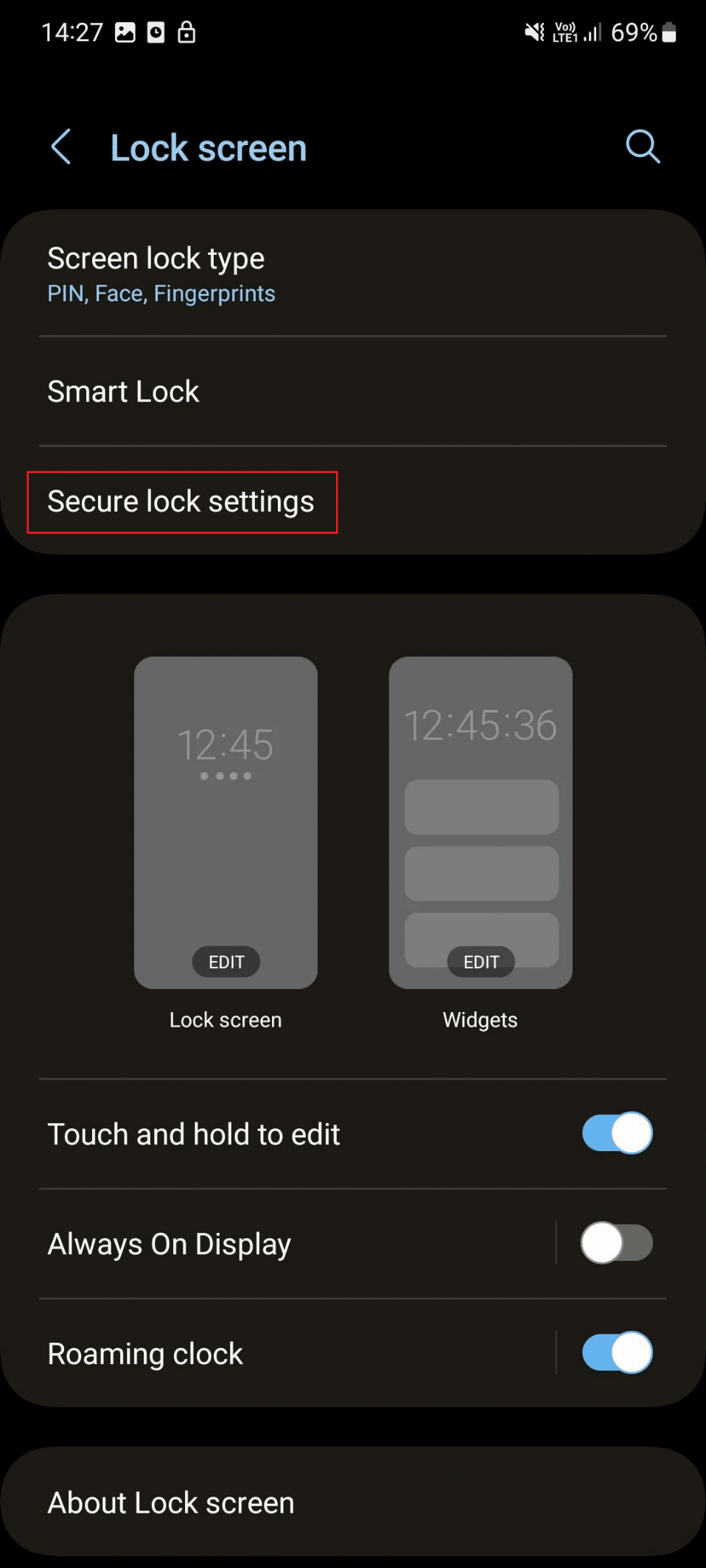 configuración de bloqueo seguro s21