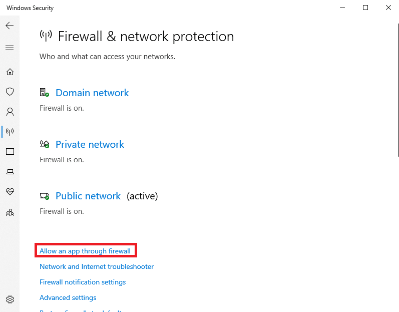 haga clic en Permitir una aplicación a través del firewall