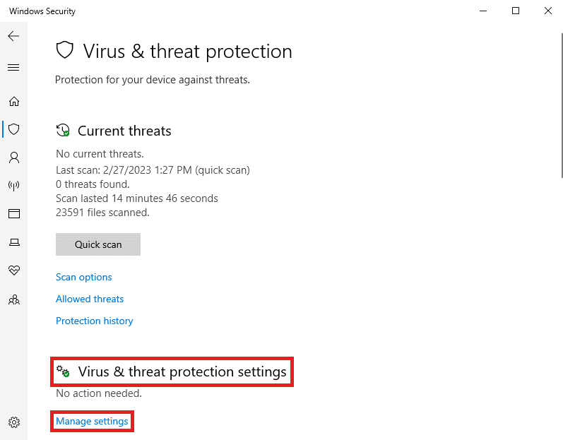 En Configuración de protección contra virus y amenazas, haga clic en Administrar configuración