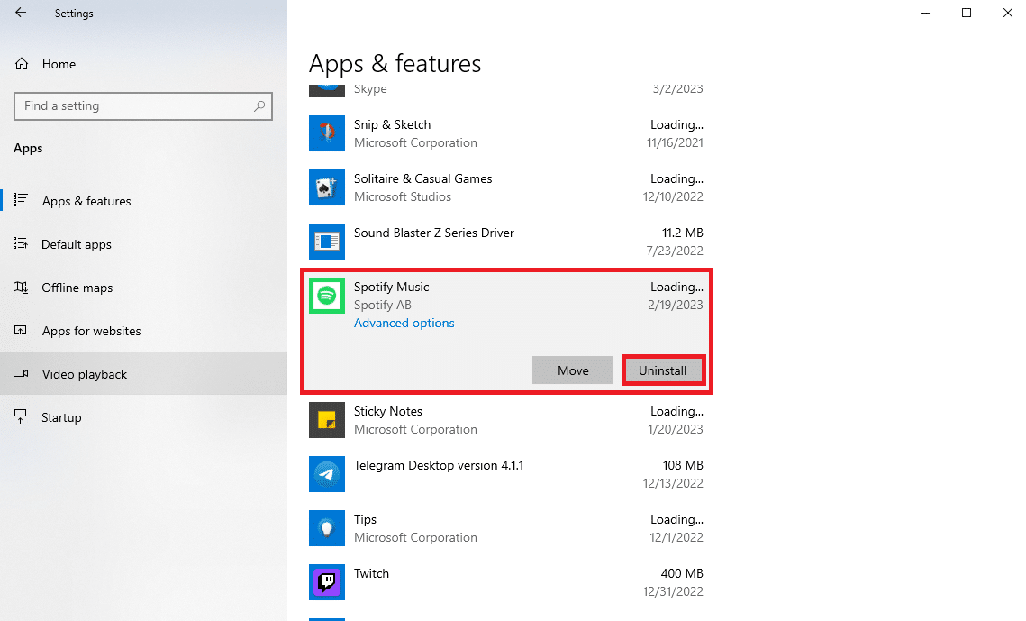 busque y seleccione la aplicación Spotify Music y luego haga clic en Desinstalar