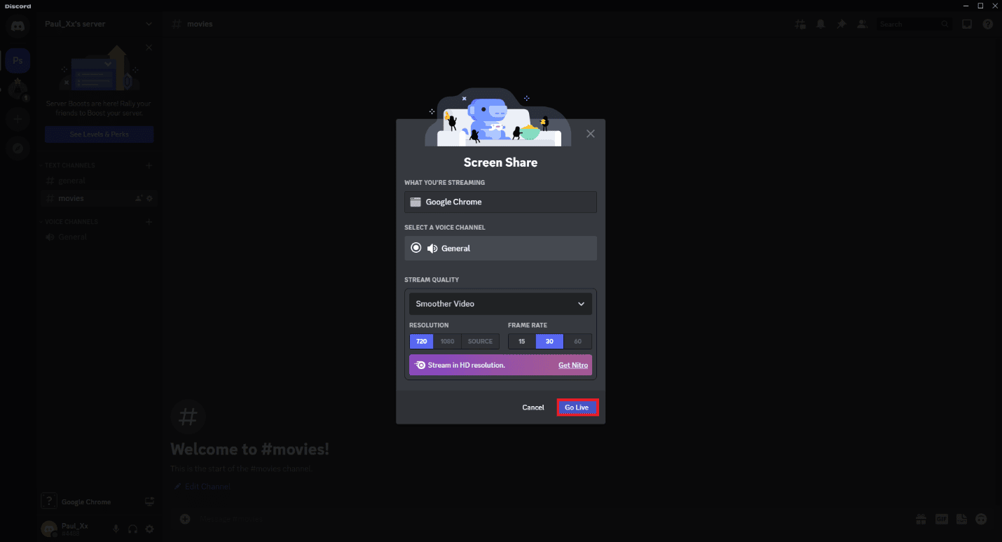Haga clic en el botón Transmitir en vivo. Cómo transmitir Disney Plus en Discord