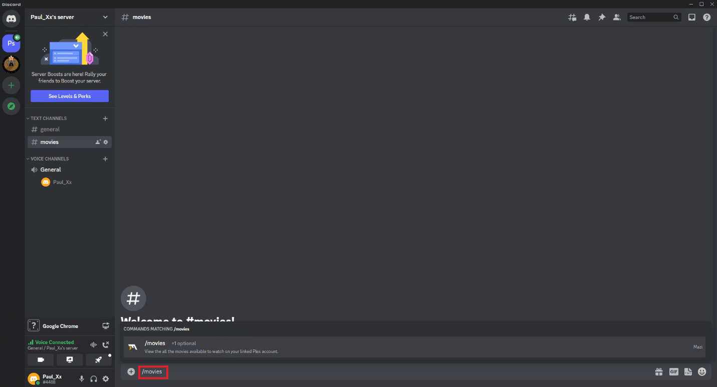 Vuelve a Discord y escribe /movies