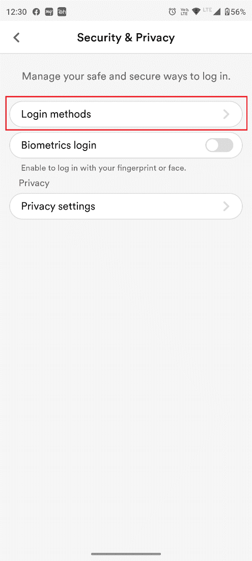 Toque en Métodos de inicio de sesión. Cómo restaurar los deslizamientos de Bumble
