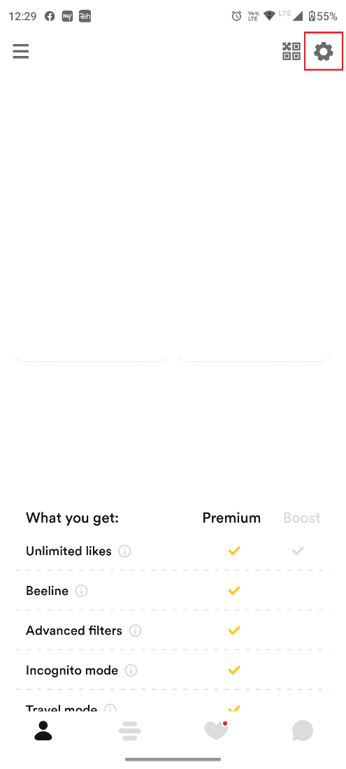 Toca el ícono de Configuración. Cómo restaurar los deslizamientos de Bumble