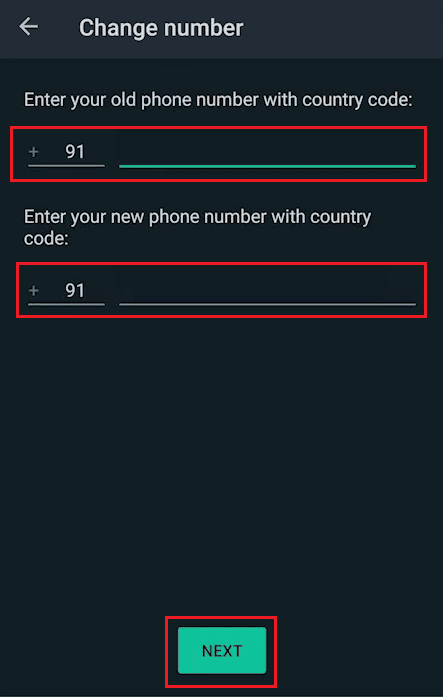 número de teléfono antiguo - nuevo número de teléfono con código de país - SIGUIENTE