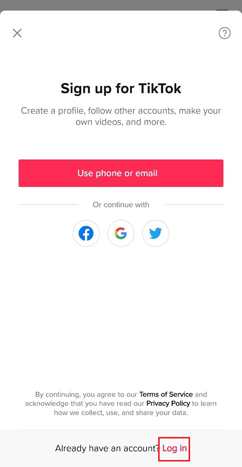 Toque el enlace Iniciar sesión en la parte inferior de la pantalla | Cómo cambiar la contraseña de TikTok sin número de teléfono