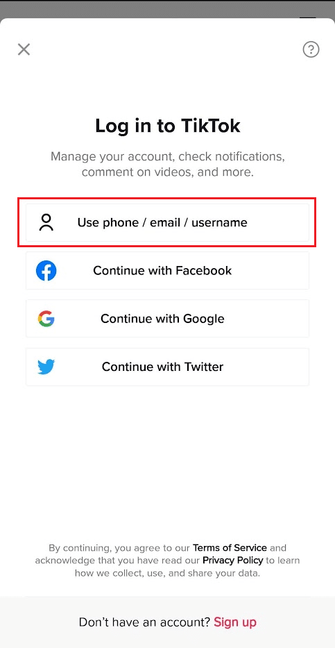 toque Usar teléfono / correo electrónico / nombre de usuario