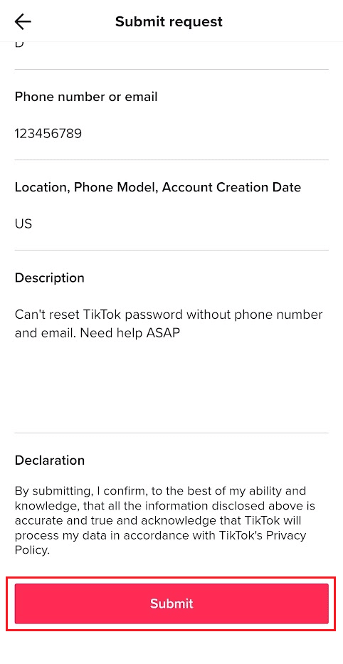 toque Enviar para entregar el informe | Cómo cambiar la contraseña de TikTok sin número de teléfono