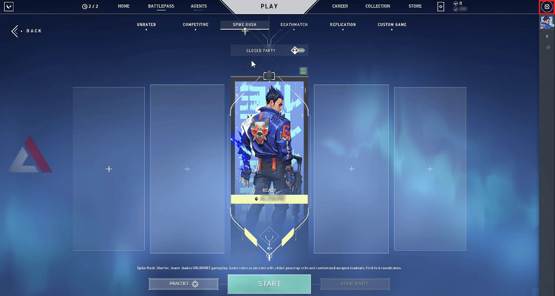Haga clic en el icono de la rueda dentada de Configuración en la esquina superior derecha de la pantalla de inicio de Valorant