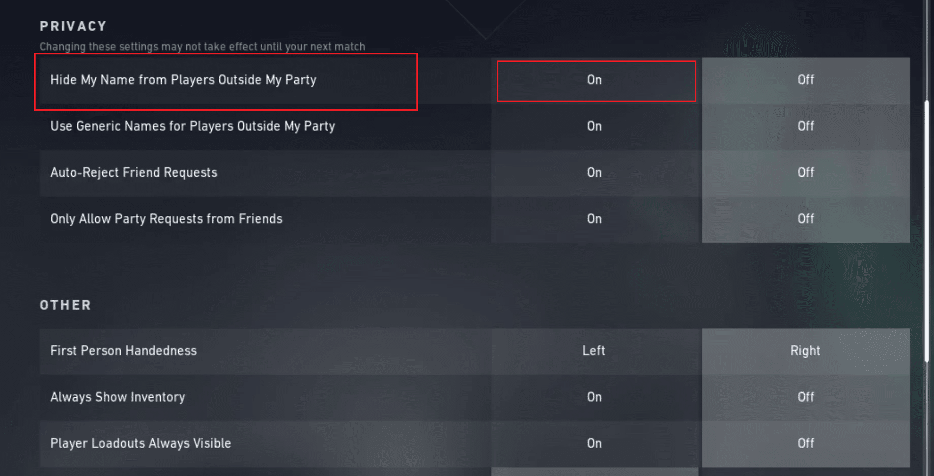 Pestaña GENERAL - sección PRIVACIDAD - Haga clic en la opción Activar para la opción Ocultar mi nombre de los jugadores fuera de mi grupo |  Cómo ver el nivel en Valorant