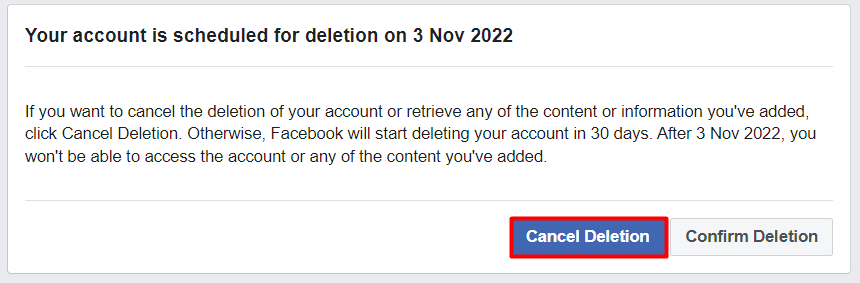 haga clic en Cancelar eliminación