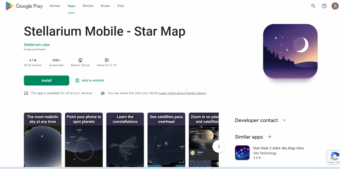 Página de instalación de la aplicación Stellarium Mobile Star Map. Las 22 mejores aplicaciones de astronomía y observación de estrellas