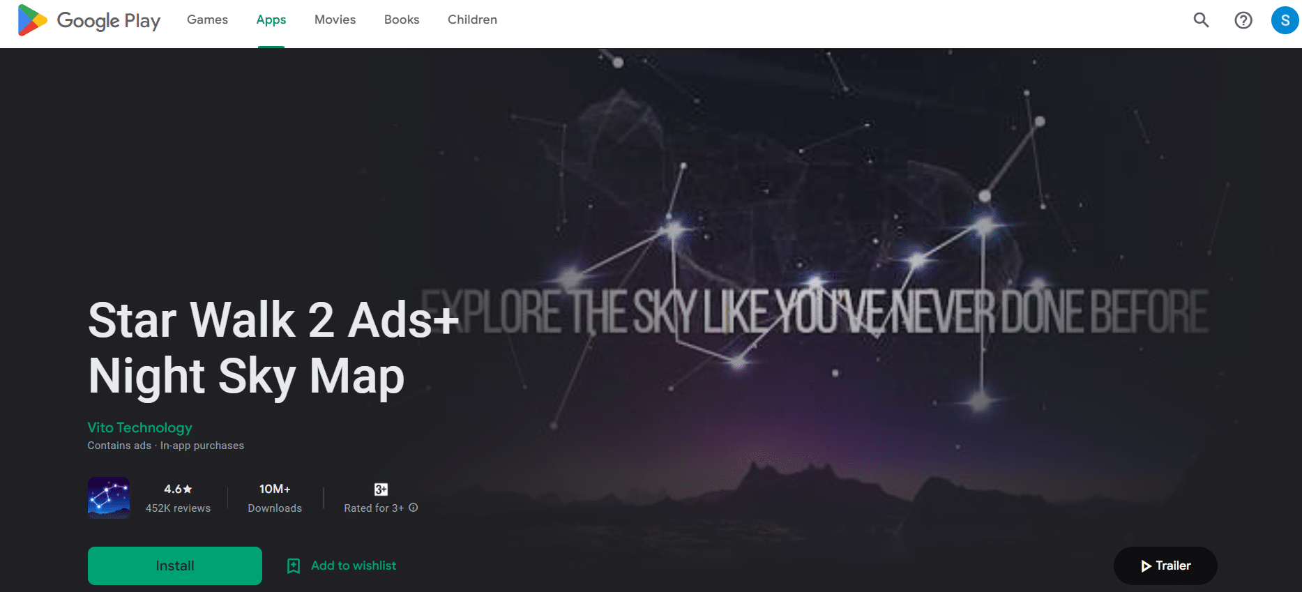 Página de instalación de Star Walk 2 Ads+ Night Sky Map