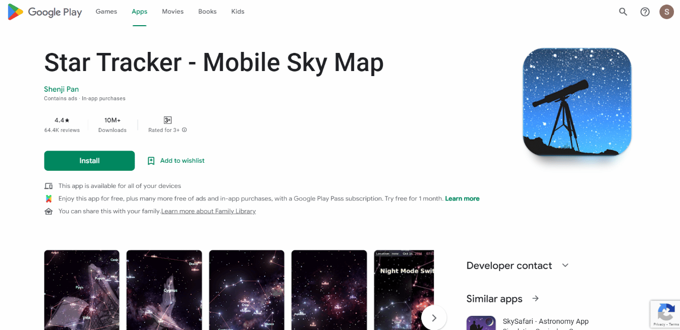 Página de instalación de la aplicación Star Tracker