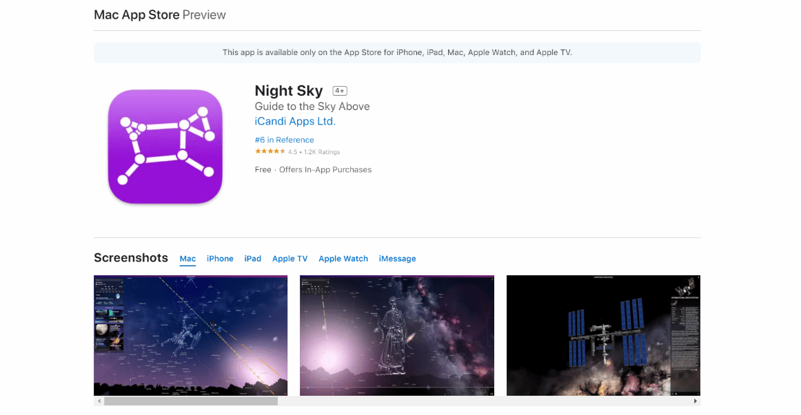 Página de instalación de la aplicación Night Sky
