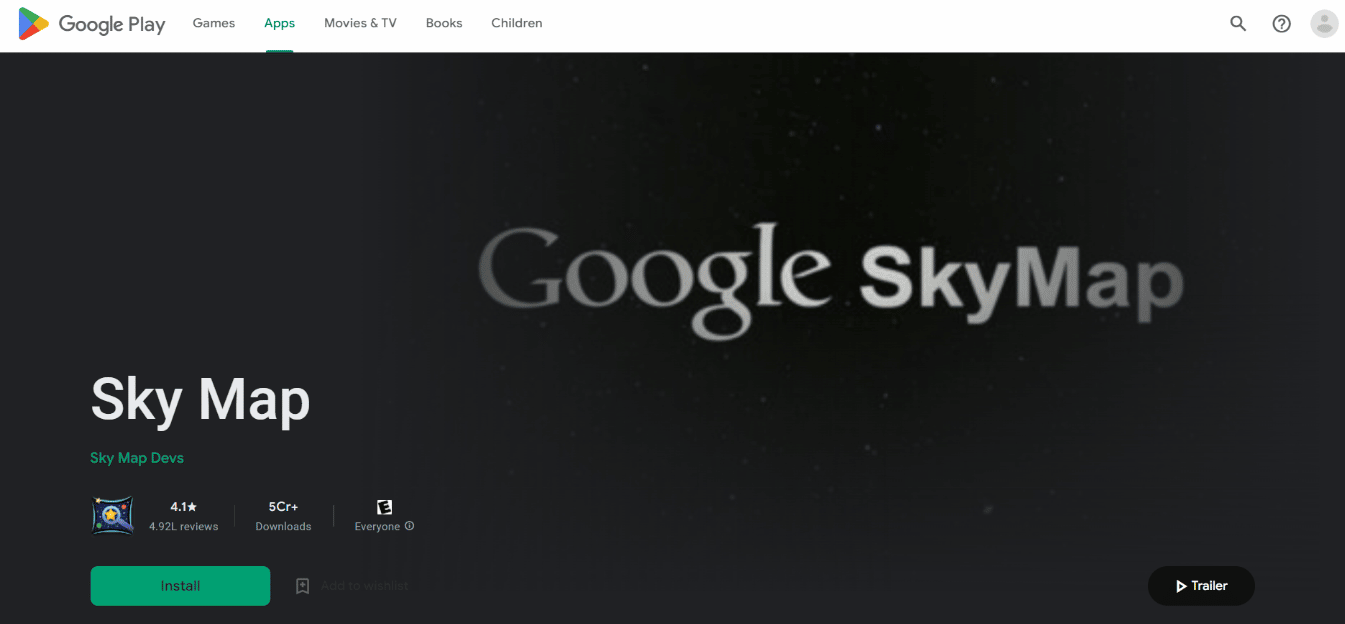 Página de instalación de la aplicación Sky Map. Las 22 mejores aplicaciones de astronomía y observación de estrellas