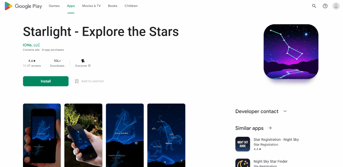 Página de instalación de la aplicación Starlight