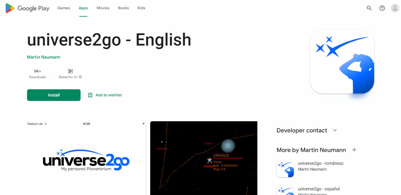 Página de instalación de la aplicación Universe2go. Las 22 mejores aplicaciones de astronomía y observación de estrellas