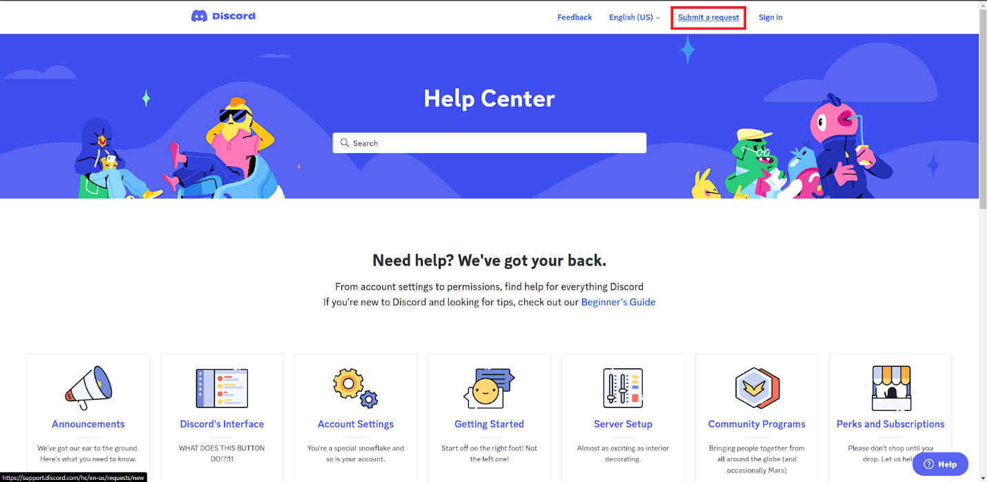 Haga clic en la opción Enviar una solicitud. Reparar el correo electrónico de Discord ya está registrado Error
