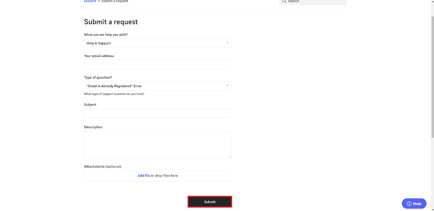 Haga clic en el botón Enviar. Reparar el correo electrónico de Discord ya está registrado Error