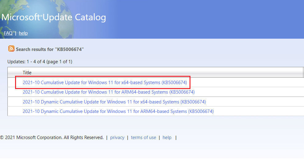 haga clic en el título de actualización de los resultados de búsqueda en el sitio web del catálogo de Microsoft