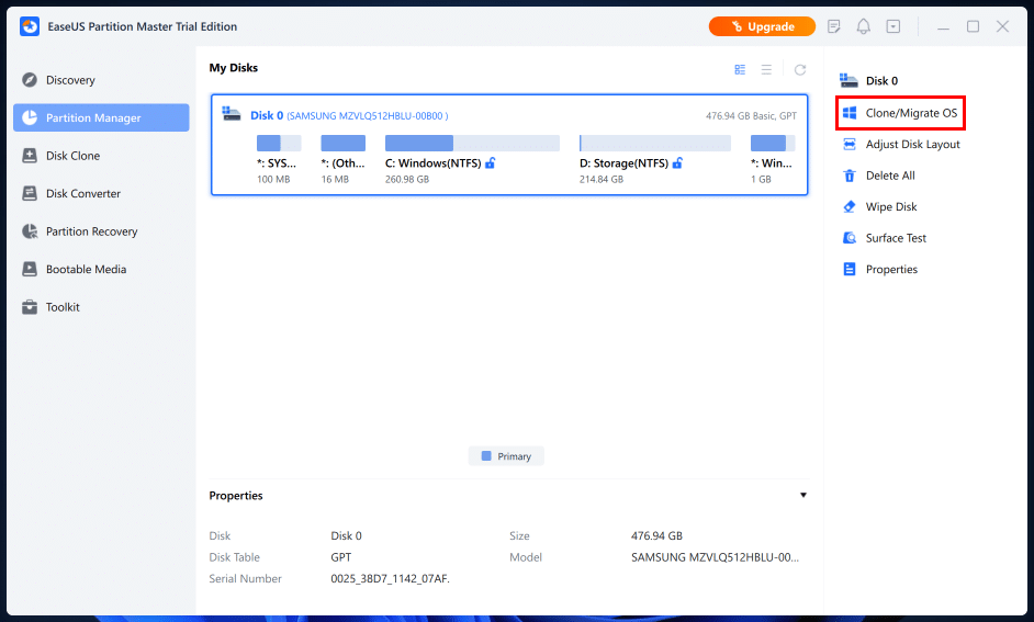 Haga clic en la opción Clone Migrate OS del panel derecho.