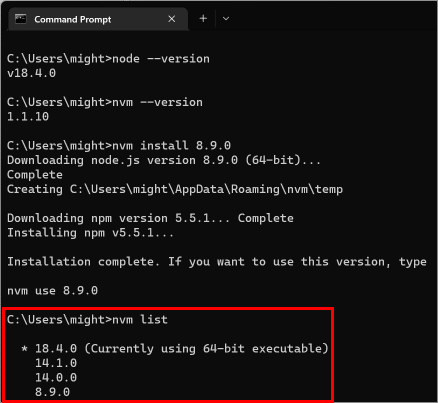 escriba nvm list para ver todas las versiones de node.js instaladas en su PC.