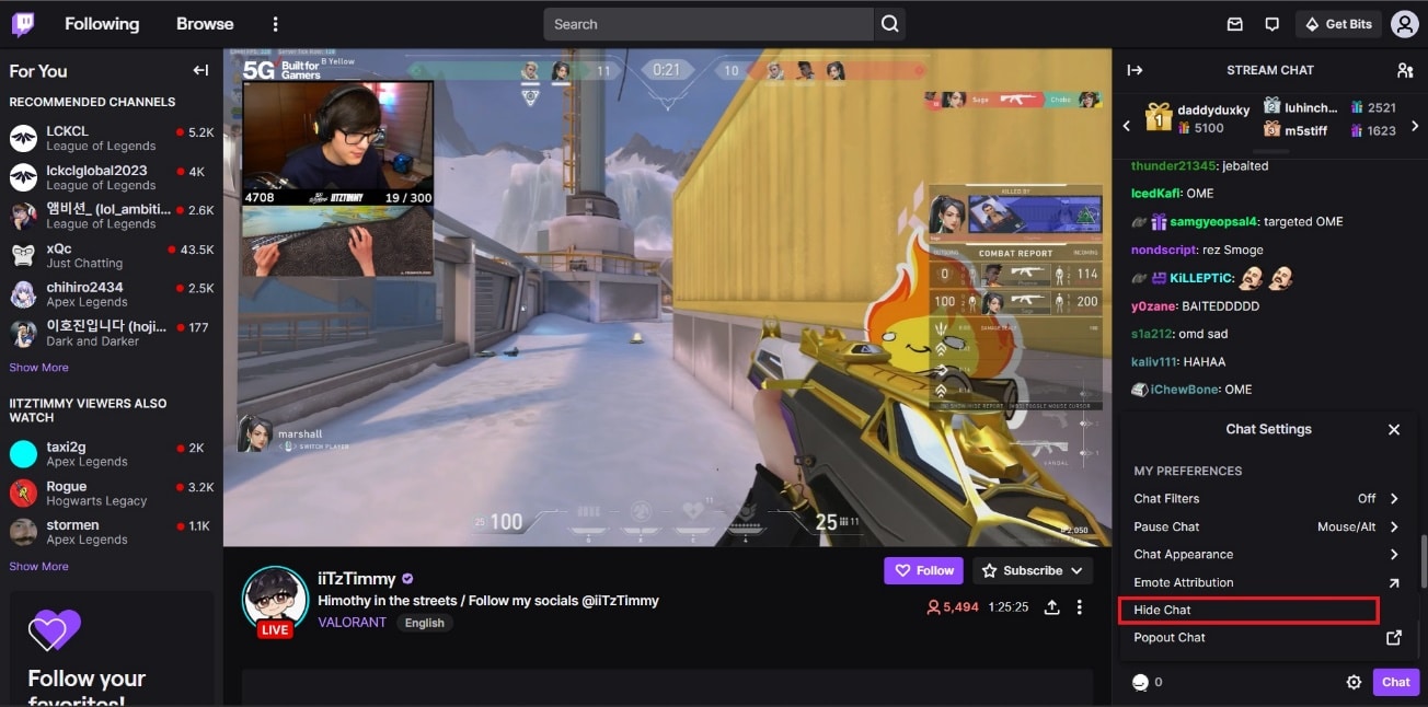 Haz clic en Ocultar chat.  |  Cómo ocultar el chat en Twitch