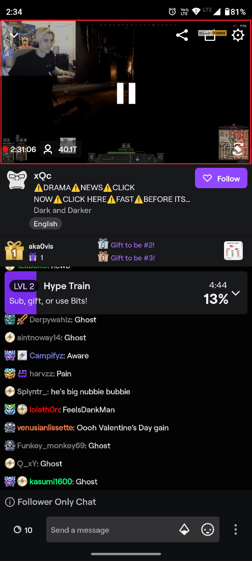 toque en cualquier lugar del video en tiempo real |  Cómo ocultar el chat en Twitch