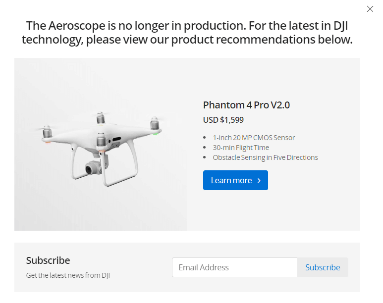 Ventana emergente en la página del Aeroscopio DJI