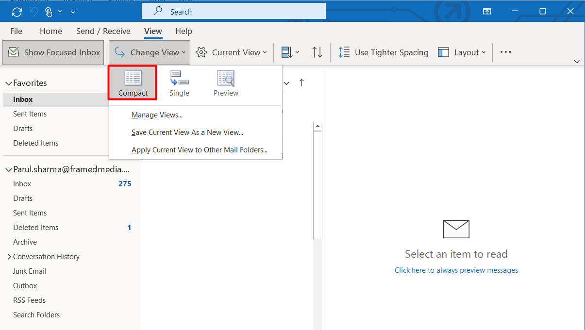 Ahora elija Compacto para obtener la vista predeterminada en Outlook