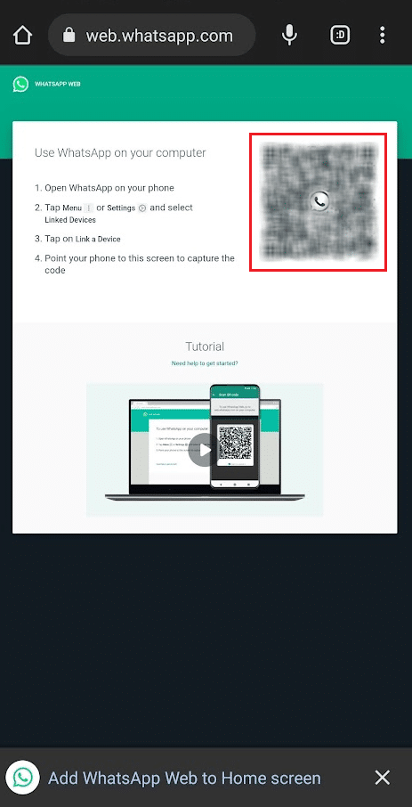 apunte el escáner de la cámara Escanear código QR en el código QR cargado en el navegador del otro teléfono |  ¿Puedo crear una cuenta de WhatsApp sin número de teléfono?