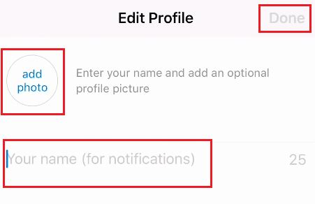 Ingrese su nombre, agregue su foto de perfil y toque Listo |  ¿Puedo crear una cuenta de WhatsApp sin número de teléfono?