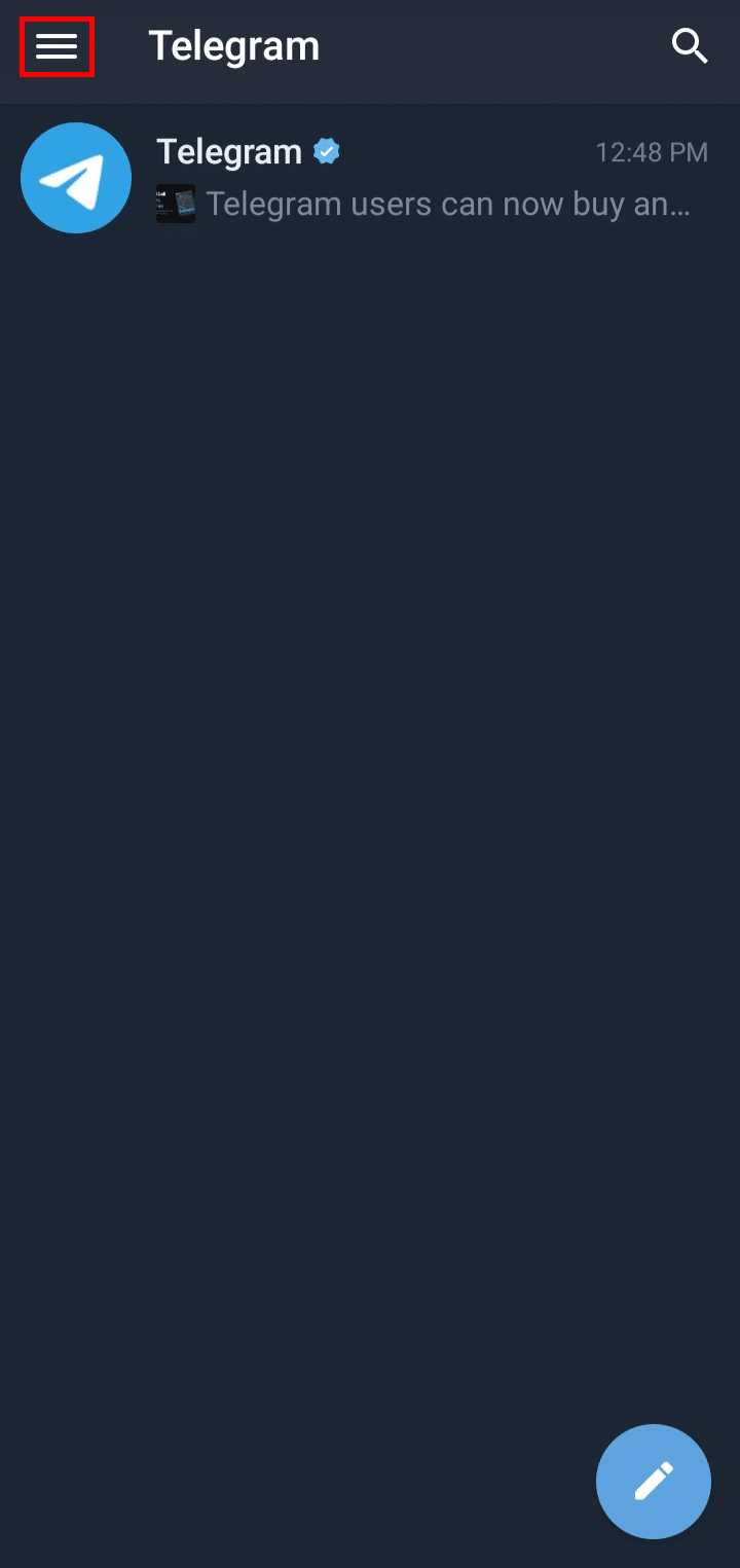 Toque el ícono del menú de hamburguesas en la esquina superior izquierda de la pantalla.  |  visto por última vez recientemente Telegram significa bloqueado