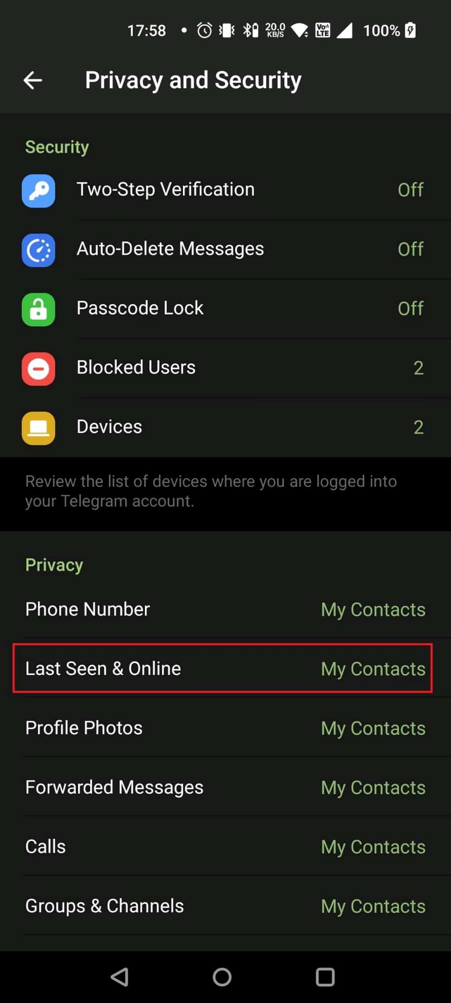 toque Último visto y En línea |  visto por última vez recientemente Telegram significa bloqueado