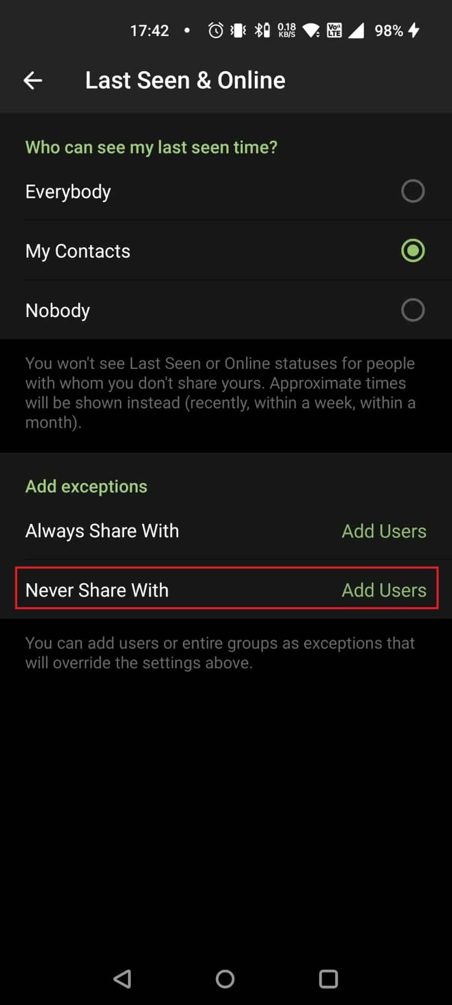 toque la opción Nunca compartir con en Agregar excepciones |  visto por última vez recientemente Telegram significa bloqueado