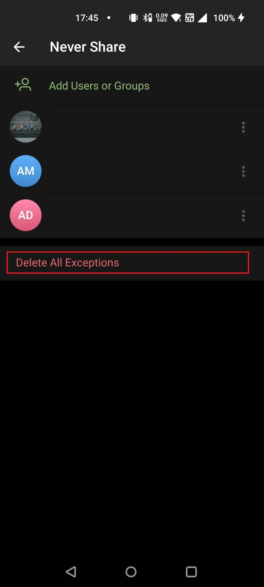 toque Eliminar todas las excepciones |  visto por última vez recientemente Telegram significa bloqueado