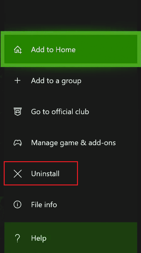 seleccione la opción de desinstalación en la Consola Xbox