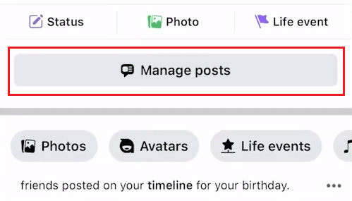 Regrese a su perfil de FB y toque Administrar publicaciones