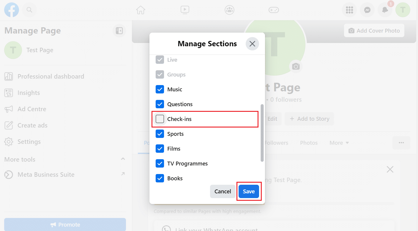 Desmarque la casilla de verificación de la opción Check-ins y haga clic en Guardar