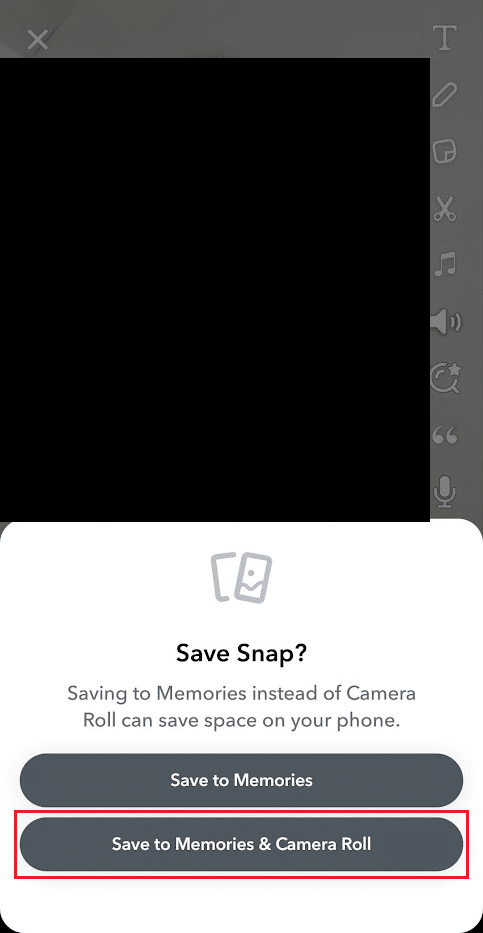 toque en Guardar en recuerdos y rollo de cámara |  Cómo obtener el filtro de cara triste en Snapchat