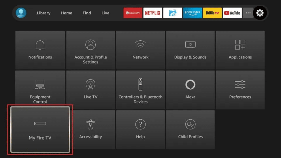 Vaya a Configuración y seleccione Mi Fire TV. 9 formas de reparar el código de error 7136 de Amazon Prime
