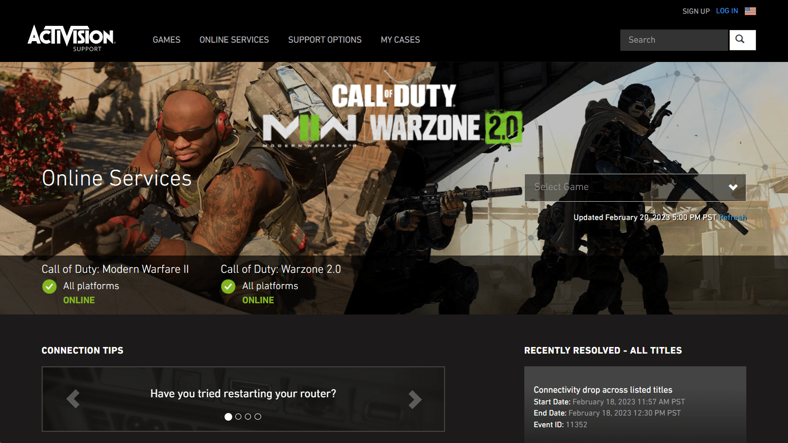 Verificar el estado de los servicios en línea de Activision 